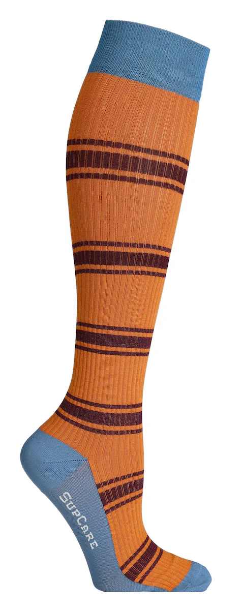 Randiga stödstrumpor i bambu, blå/orange - Bild 2